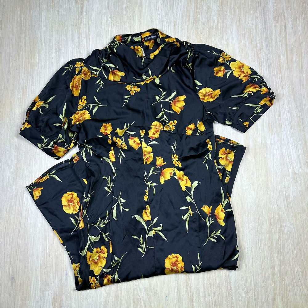 PrettyLittleThing Black Yellow Floral Satin Drape Puff Sleeve Midi Dress 12